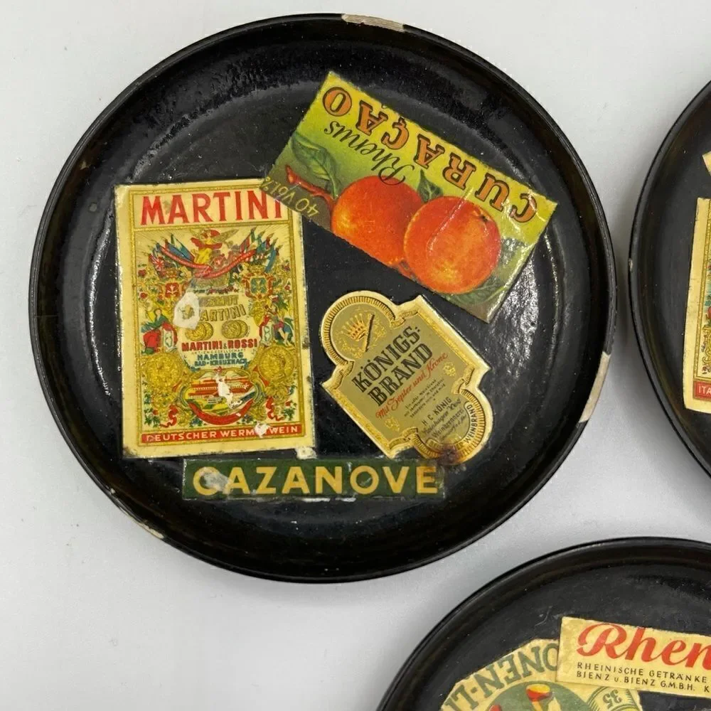 MidCentury W German Alcohol Label Decoupage Enameled Champagne Bucket & Coasters
